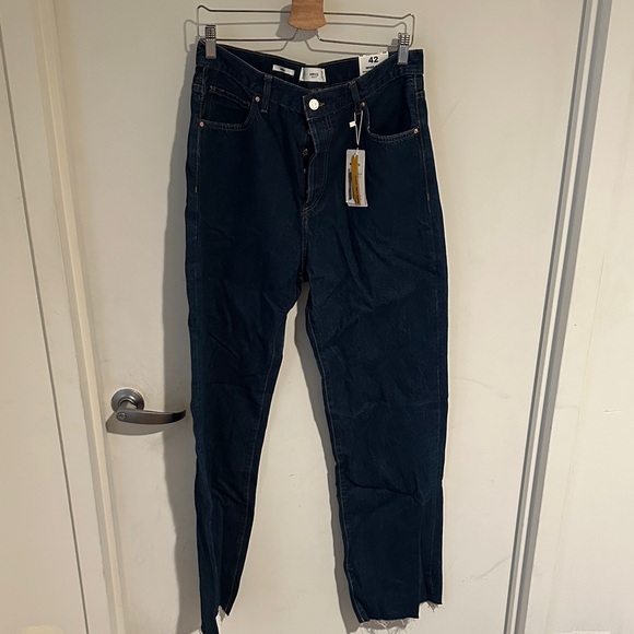 Women's Wide Leg Frayed Dark Blue Jeans - Picture 1 of 6